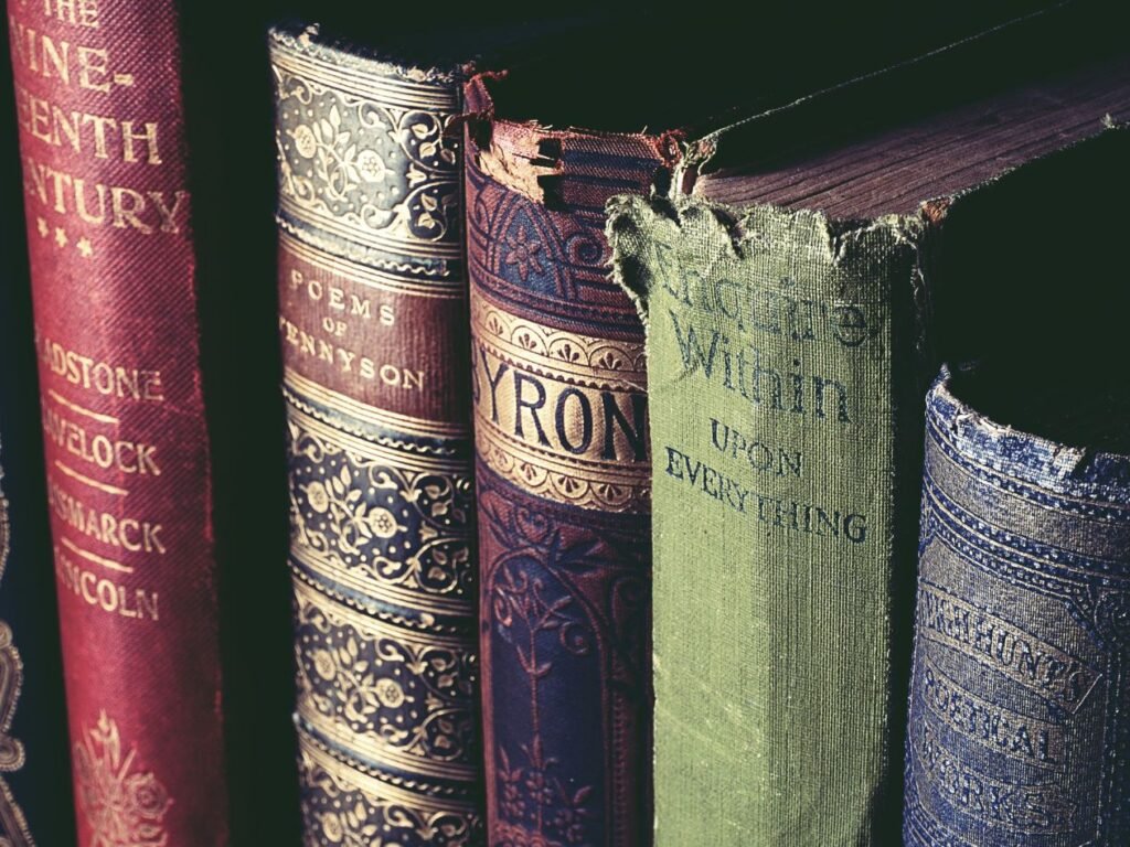 a stack of rare old looking books on a shelf, super close up, showing the spine of the 5 old books.