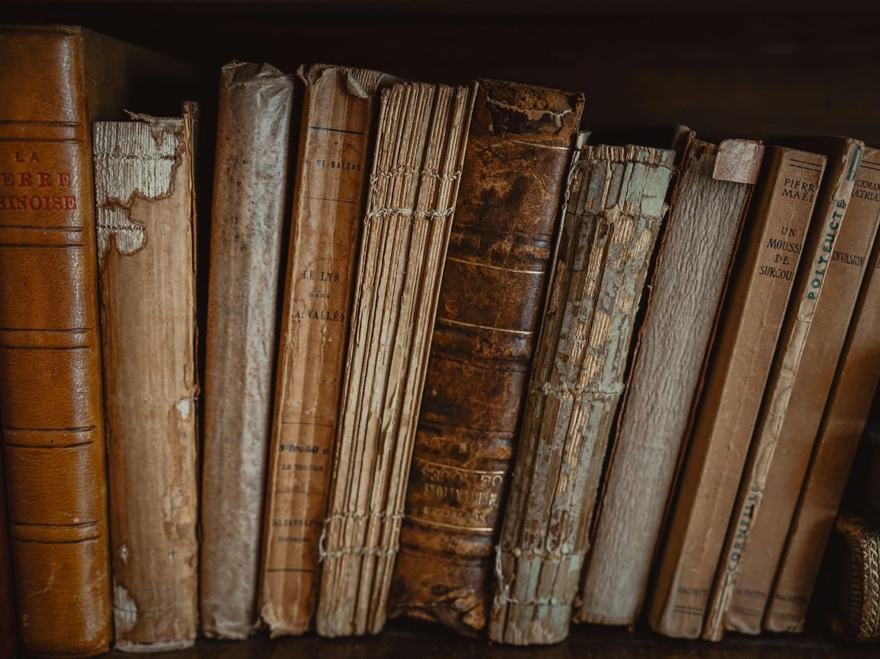Old books on a shelf. all the books spines are showcased and there is 12 old rare books.