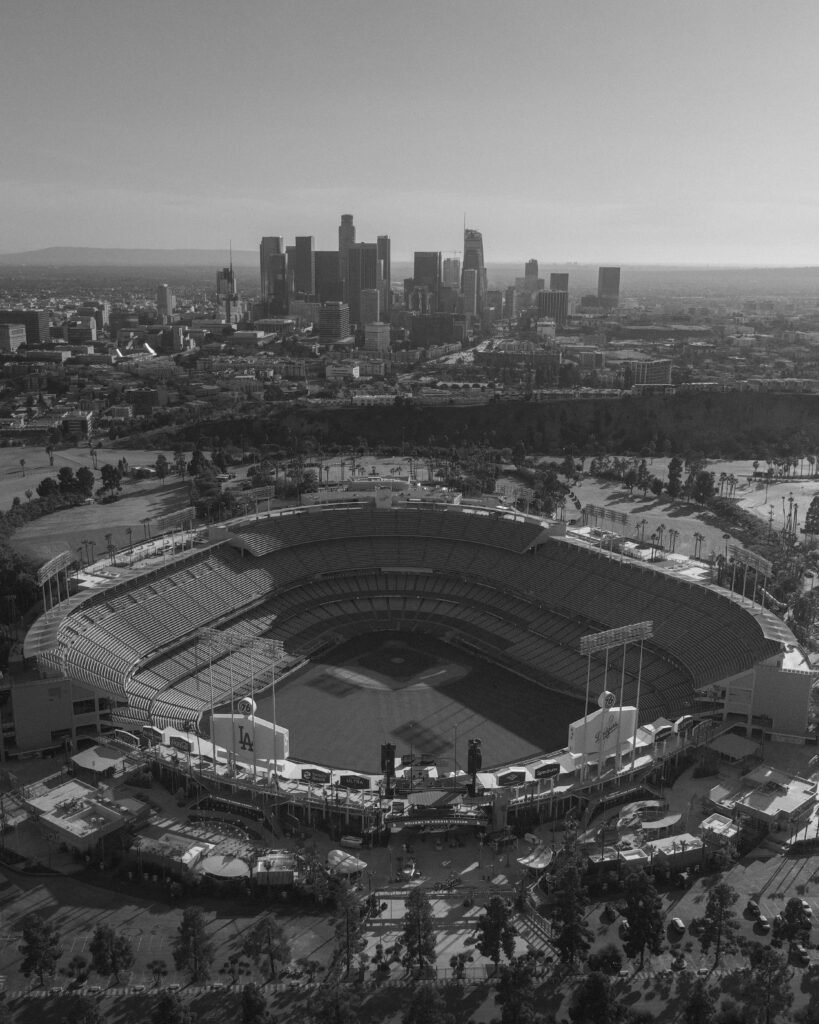 Old vintage photo of dodgers stadium in black and white in a birds eye Ariel view 